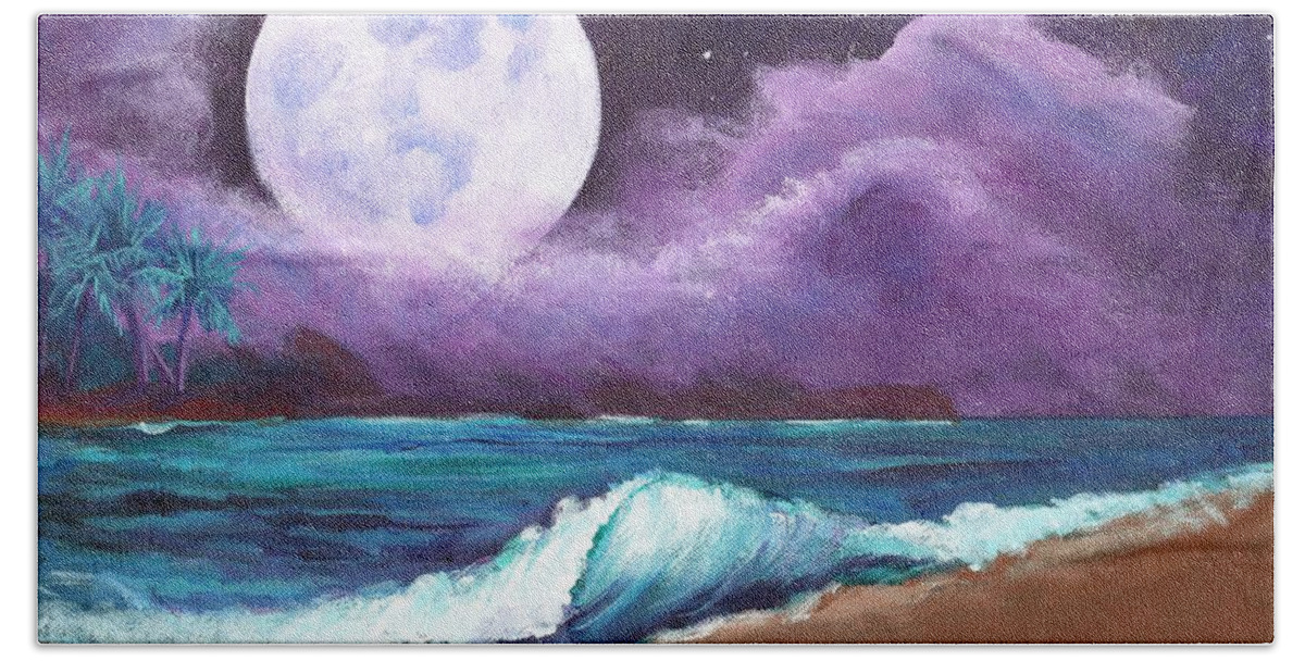 Kauai Beach Towel featuring the painting Kauai Moonrise at the Beach by Marionette Taboniar
