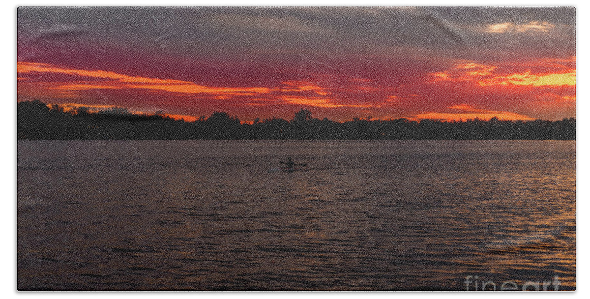 Kayak Beach Towel featuring the photograph Kayak on Lake Wilcox at sunset by Les Palenik