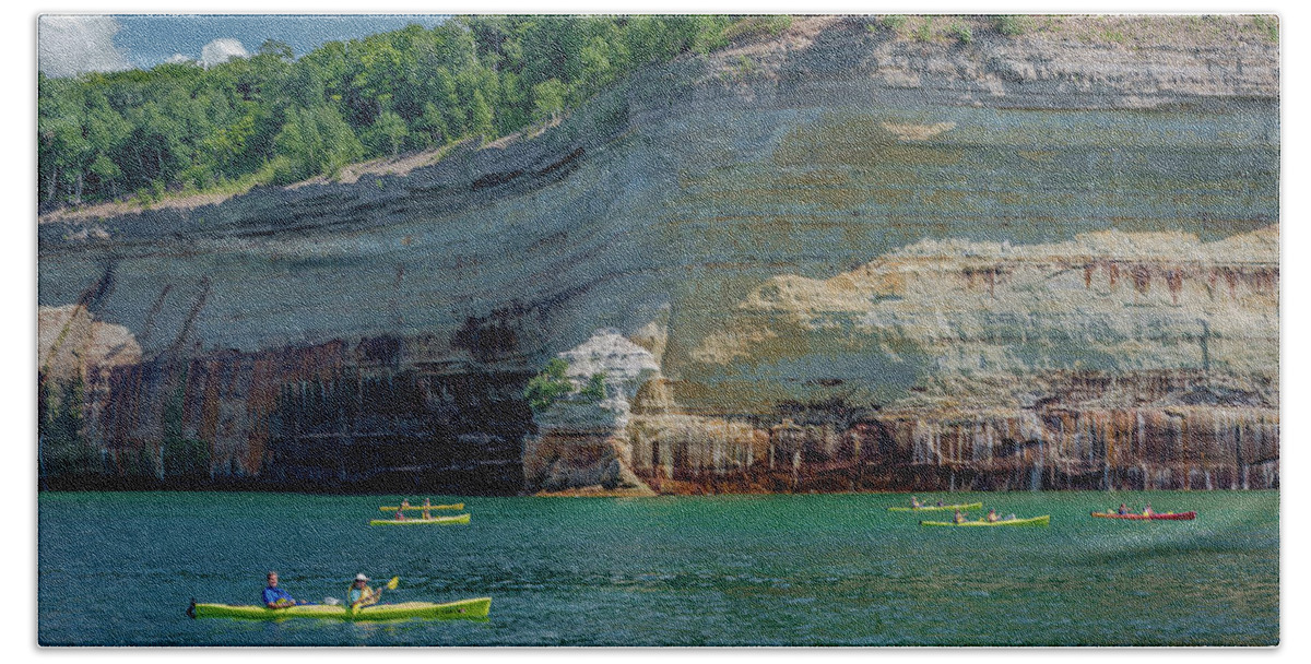 Pictured Rocks National Lakeshore Beach Sheet featuring the photograph Kayaking the Pictured Rocks by Gary McCormick