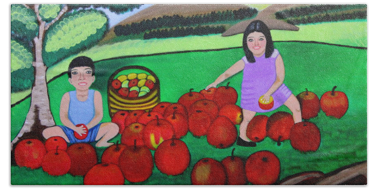 All Apparels Beach Sheet featuring the painting Kids Playing and Picking Apples by Lorna Maza