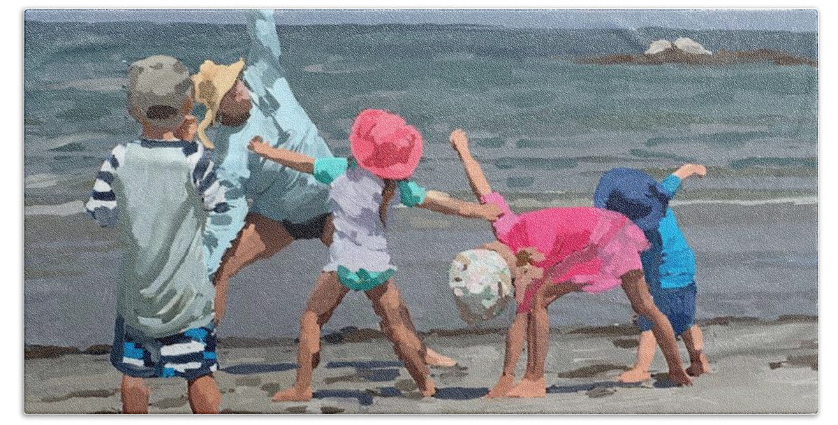 Wingaersheek Beach Beach Towel featuring the painting Kid's Yoga Class on Wingaersheek Beach by Melissa Abbott