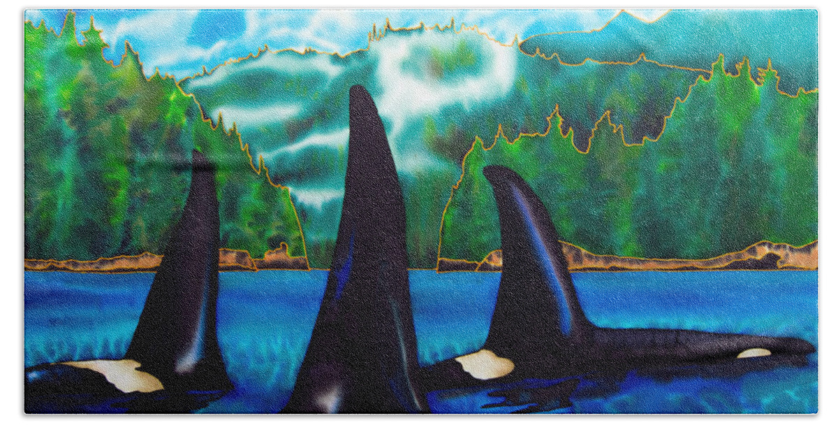  Orca Beach Towel featuring the painting Killer Whales by Daniel Jean-Baptiste