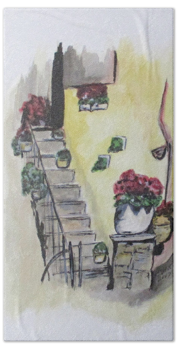 Water Colors Beach Towel featuring the painting Kimberly's Castellabate Flowers by Clyde J Kell