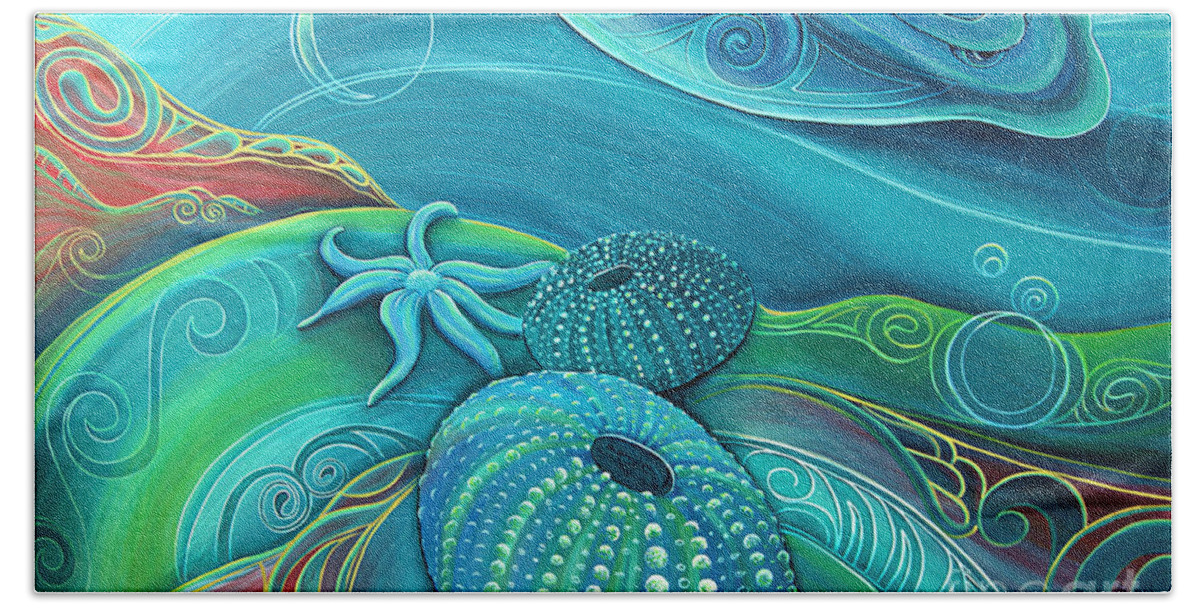 Stingray Beach Towel featuring the painting Kina Sea Urchin with Stingray by Reina Cottier by Reina Cottier