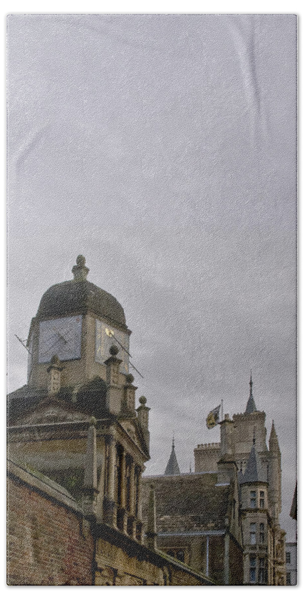 Cambridge Beach Towel featuring the photograph King college sundial clock tower. by Elena Perelman