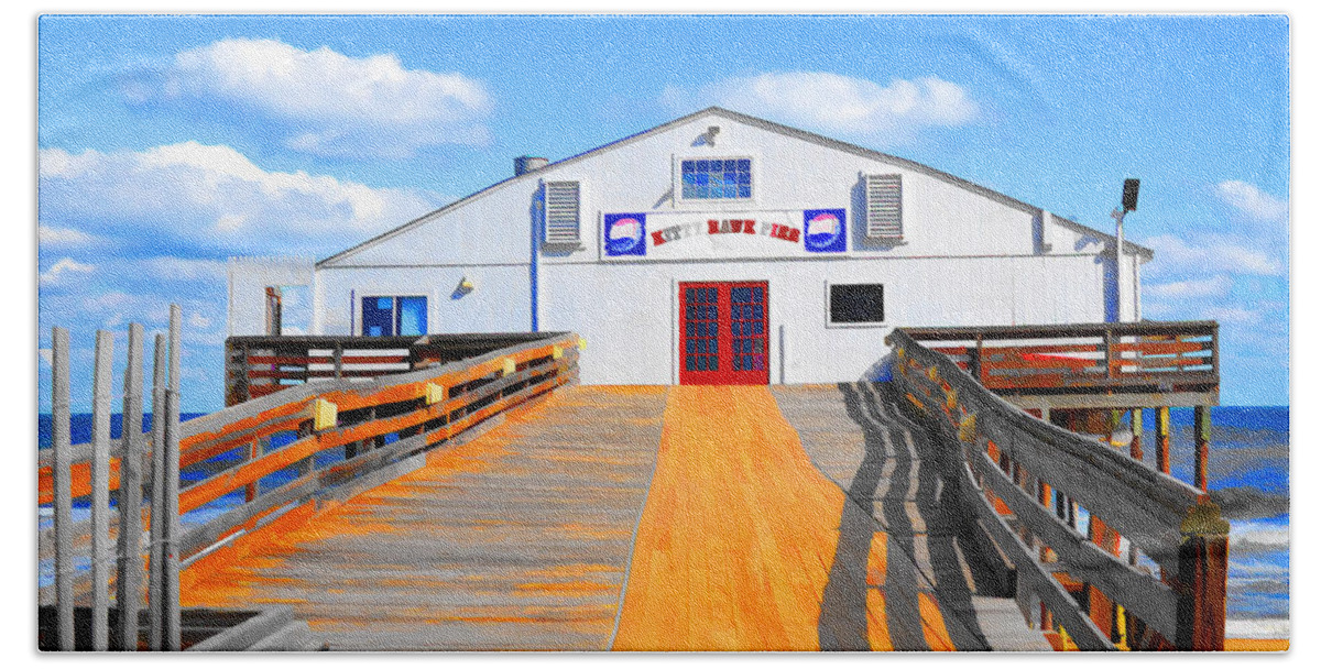Fishing Pier Beach Towel featuring the painting Kitty Hawk Pier 1 by Jeelan Clark