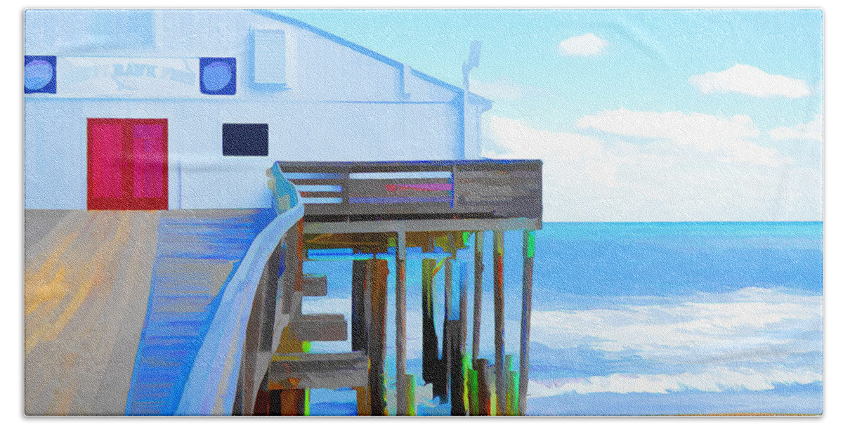 Fishing Pier Beach Towel featuring the painting Kitty Hawk Pier 2 by Jeelan Clark