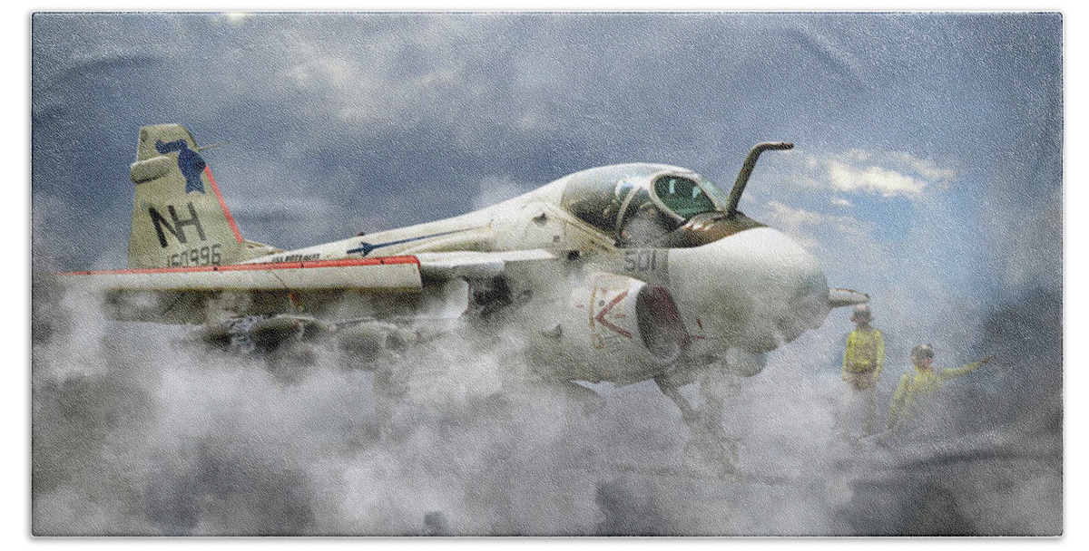 A Grumman A6 Intruder From Va-52 The 'knight Riders Ready For Launch From The Uss Kitty Hawk Beach Towel featuring the digital art Knight Riders by Airpower Art