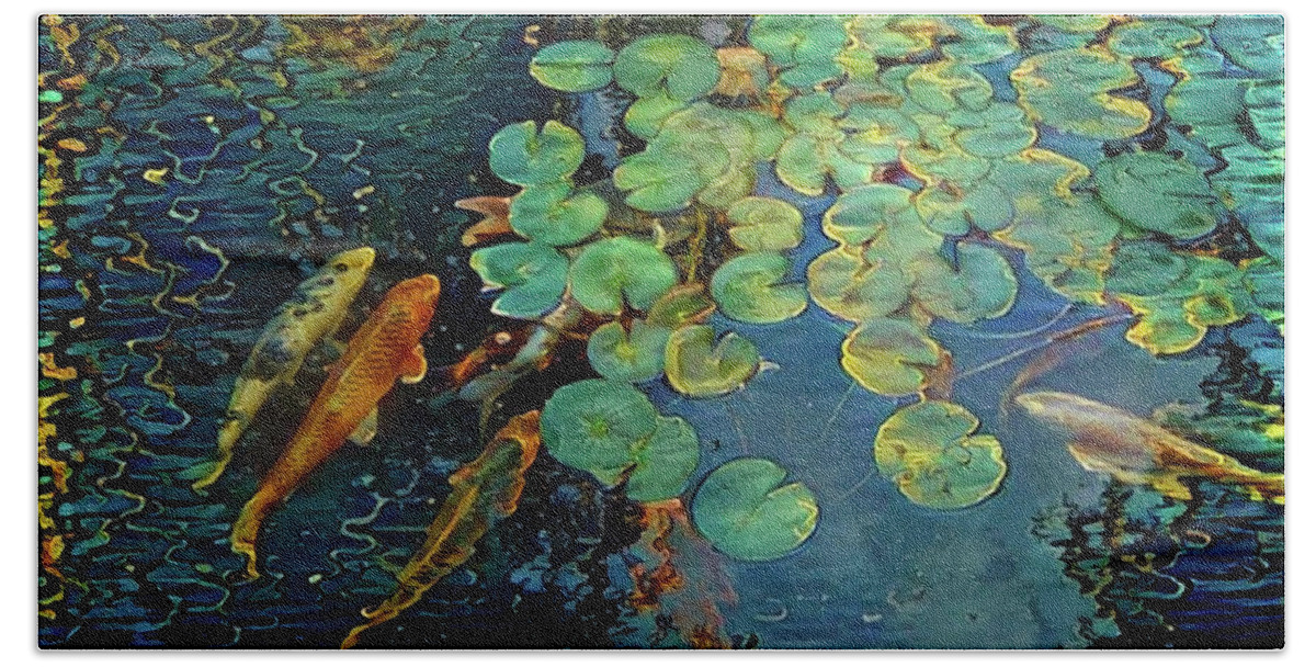 Nature Beach Towel featuring the digital art Koi fish in pond by Bruce Rolff