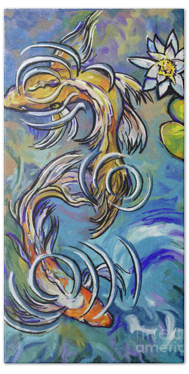 Koi Fish. Goldfish Beach Towel featuring the painting Koi Fish by Tim Gilliland