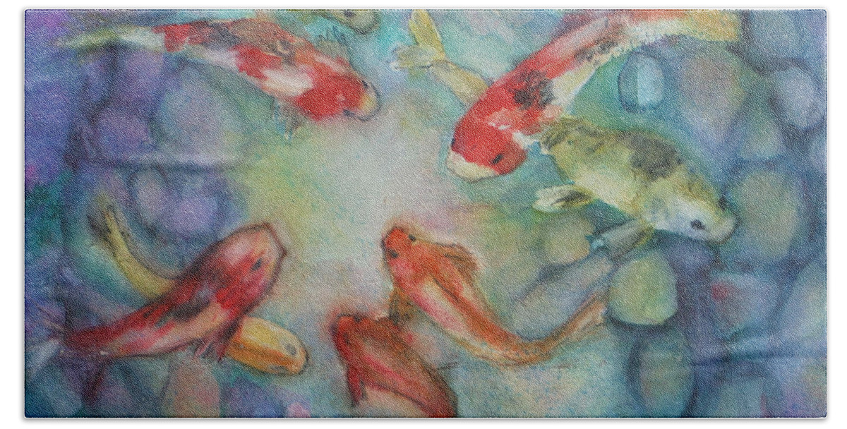 Multi Color Beach Towel featuring the painting Koi in Pond by Denice Palanuk Wilson