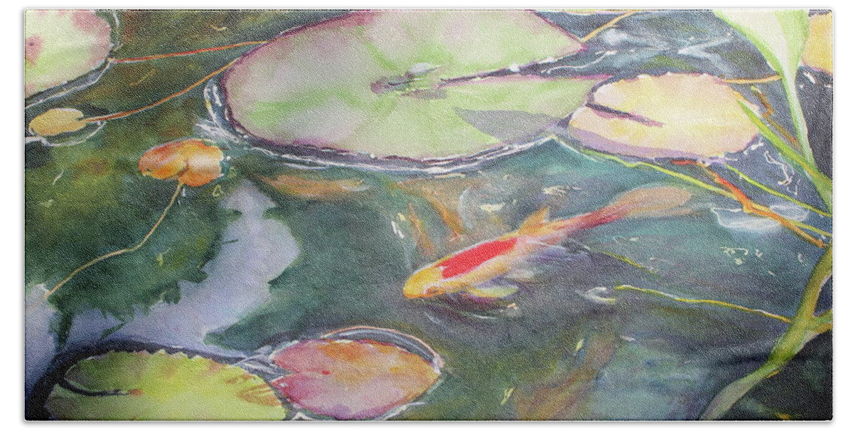 Feng Shui Beach Towel featuring the painting Koi Pond 2 by Madeleine Arnett