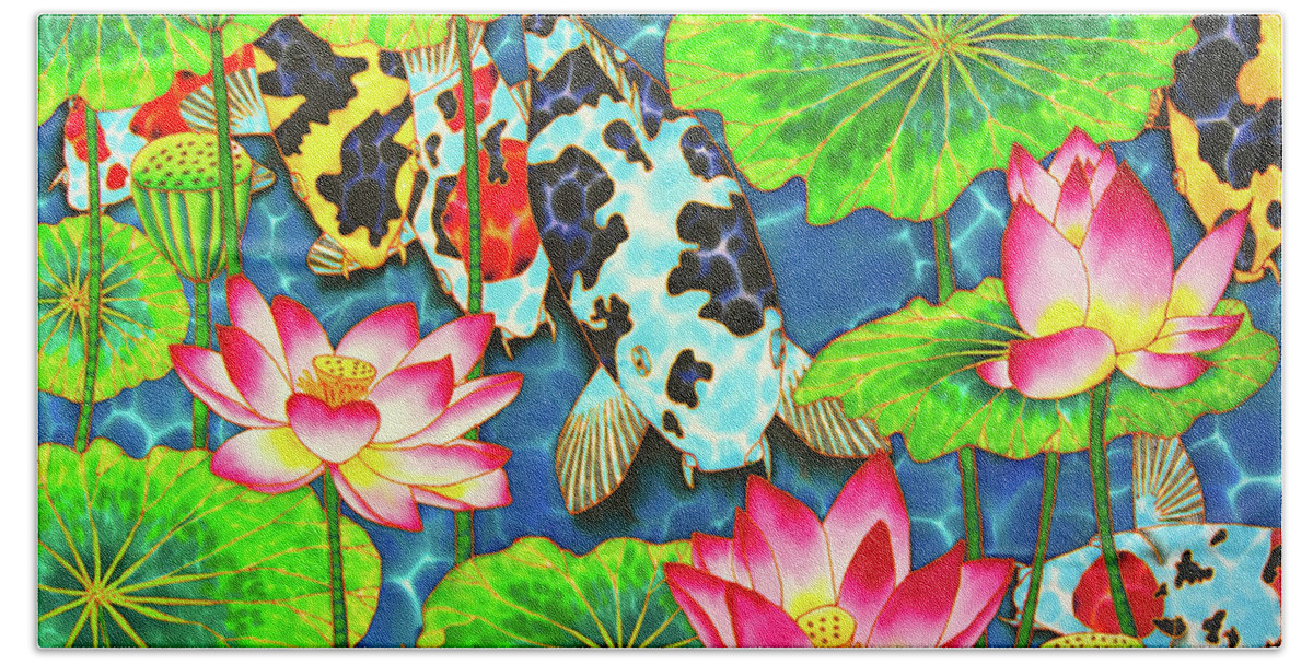 Lotus Pond Beach Towel featuring the painting Koi Pond by Daniel Jean-Baptiste