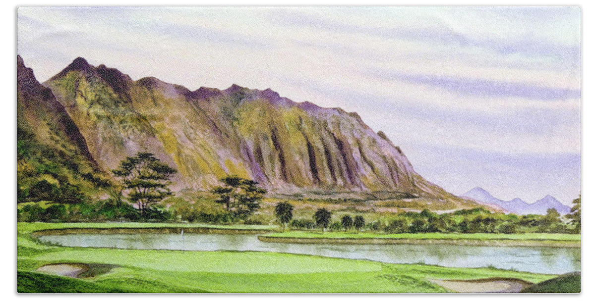 Koolau Golf Course Beach Sheet featuring the painting Koolau Golf Course Hawaii 16Th Hole by Bill Holkham