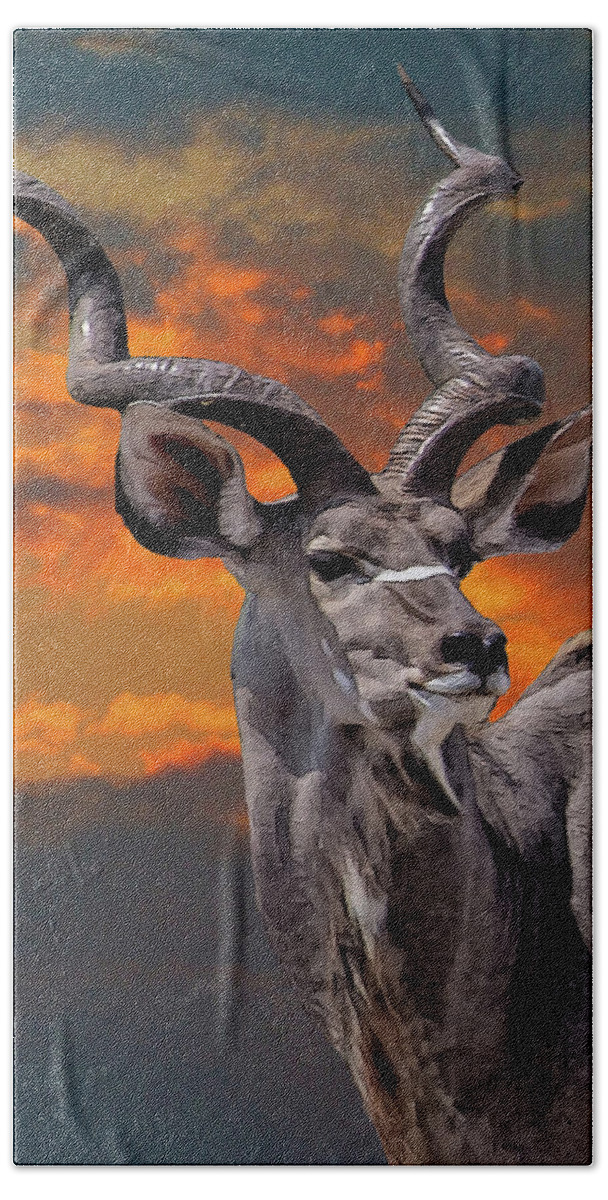 Greater Kudu Beach Towel featuring the digital art KUDU at SUNSET by Larry Linton