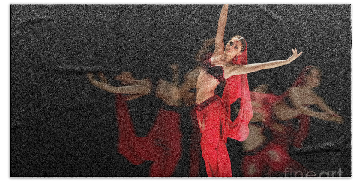 Ballet Beach Towel featuring the photograph La Bayadere Ballerina in red tutu ballet by Dimitar Hristov