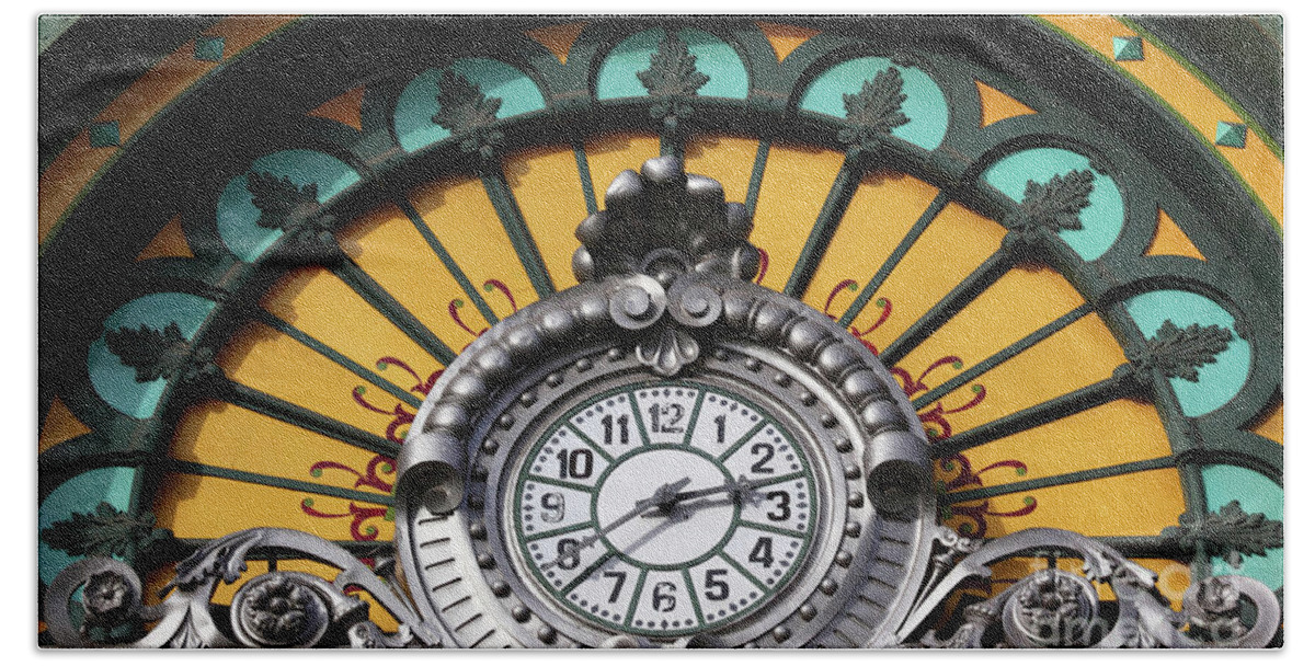Clock Beach Towel featuring the photograph La Concordia Railway Station Clock Detail Bilbao by James Brunker