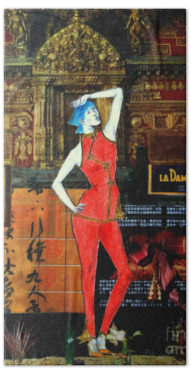 Kasian Beach Towel featuring the painting La Dame de Shanghai -- Asian Fashion Collage by Jayne Somogy