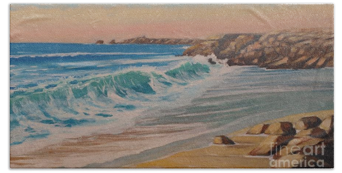 Atlantic Ocean Beach Towel featuring the painting La pointe du Raz, Bretagne, France by Jean Pierre Bergoeing