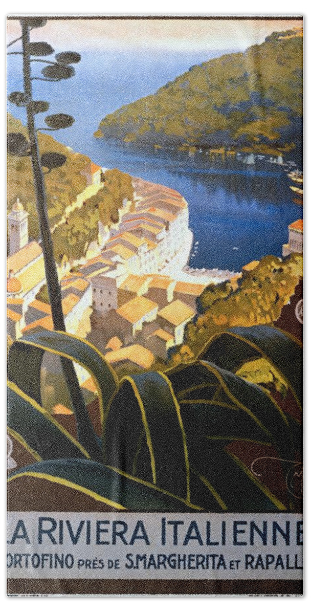 Mario Borgoni Beach Towel featuring the painting La Riviera italienne, travel poster for ENIT, ca. 1920 by Vincent Monozlay