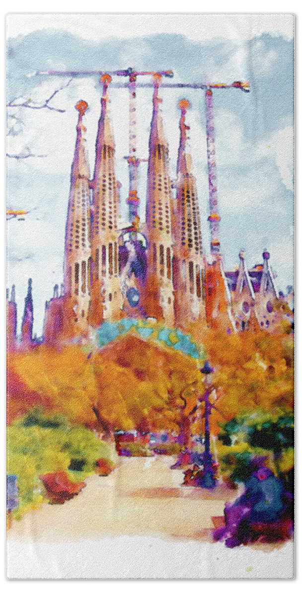 Marian Voicu Beach Sheet featuring the painting La Sagrada Familia - Park View by Marian Voicu