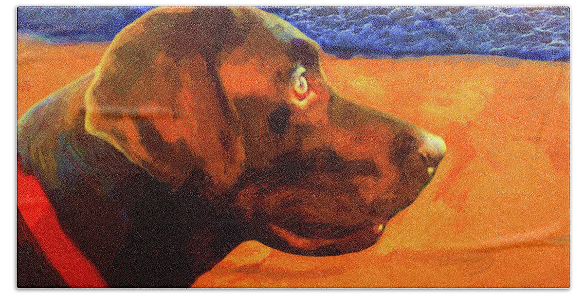 Labrador On The Beach At Sunset. Art Of Joseph J. Stevens Beach Towel featuring the painting Lab at Sunset by Joseph J Stevens