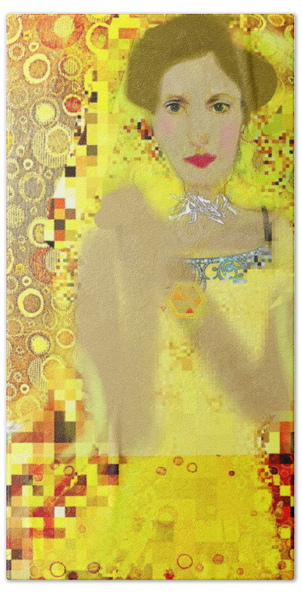 Adele Block Bauer Beach Towel featuring the digital art Lady In Gold Whimsy by Pamela Smale Williams