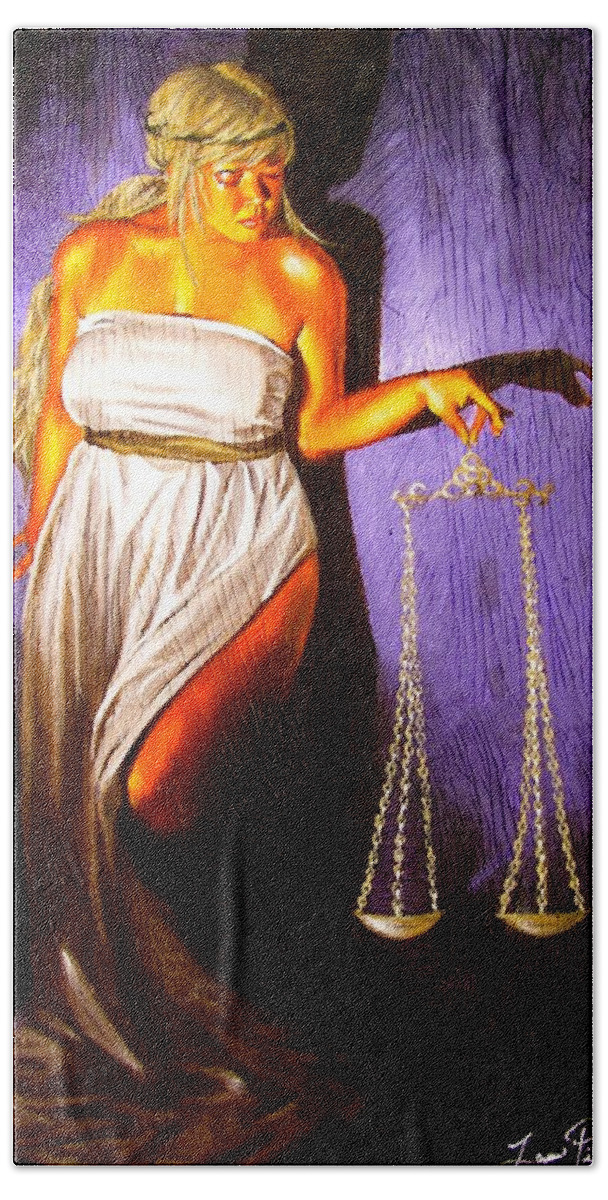 Law Beach Towel featuring the painting Lady Justice Long Scales by Laura Pierre-Louis