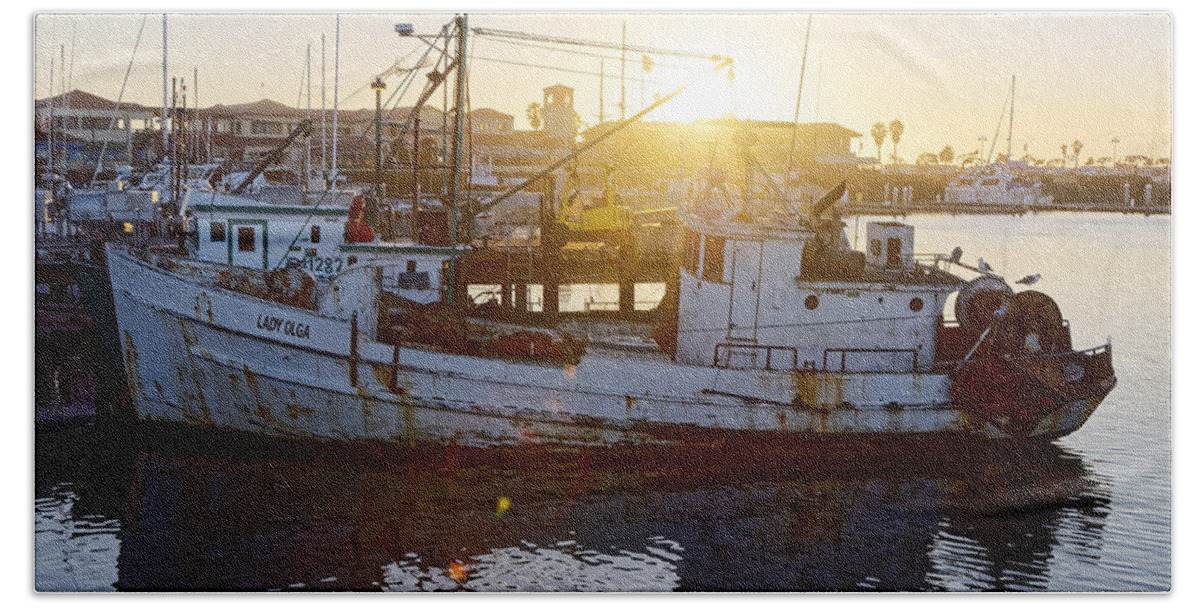 Darin Volpe Ships And Boats Beach Towel featuring the photograph Lady Olga - Fishing Boat at Ventura, California by Darin Volpe