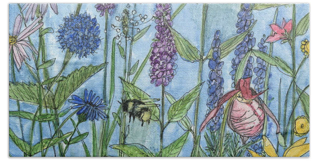 Laurie Rohner Beach Towel featuring the painting Lady Slipper in my Garden by Laurie Rohner