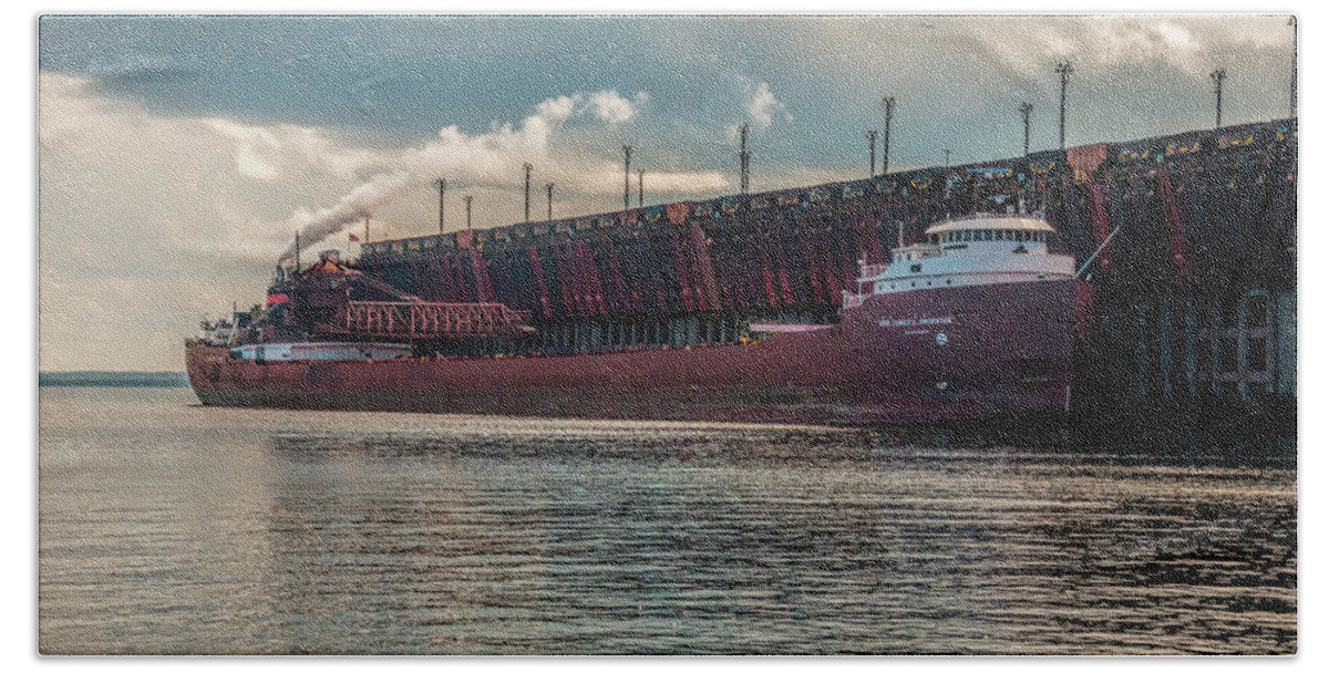Lake Freighter Honorable James L Oberstar Beach Sheet featuring the photograph Lake Freighter - Honorable James L Oberstar by Phyllis Taylor