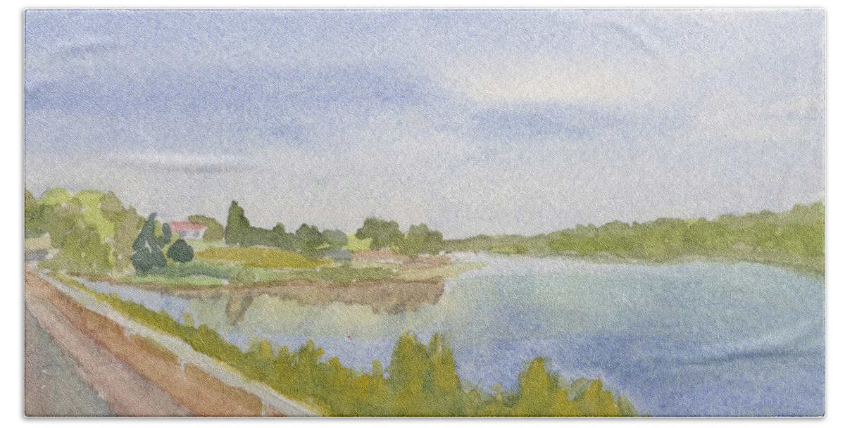 Watercolor Beach Towel featuring the painting Lake House by Marcy Brennan