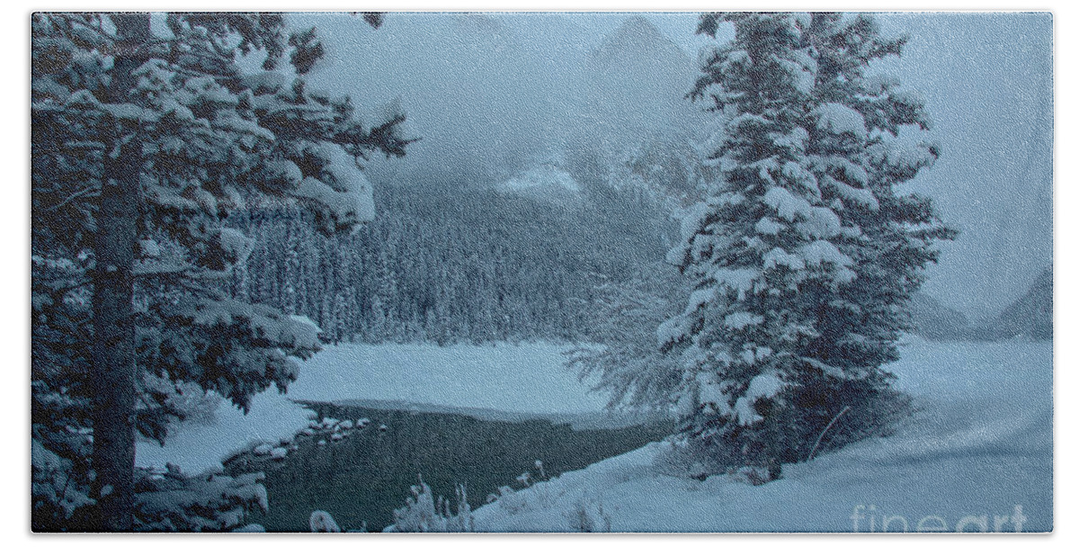  Beach Towel featuring the photograph Lake Louise Foggy Winter Morning by Adam Jewell