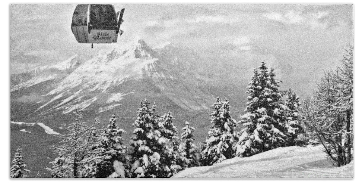 Lake Louise Beach Towel featuring the photograph Lake Louise Gondola In The Sky Black And White by Adam Jewell
