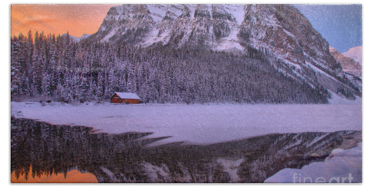 Lake Louise Beach Towel featuring the photograph Lake Louise Winter Sunrise Reflections by Adam Jewell