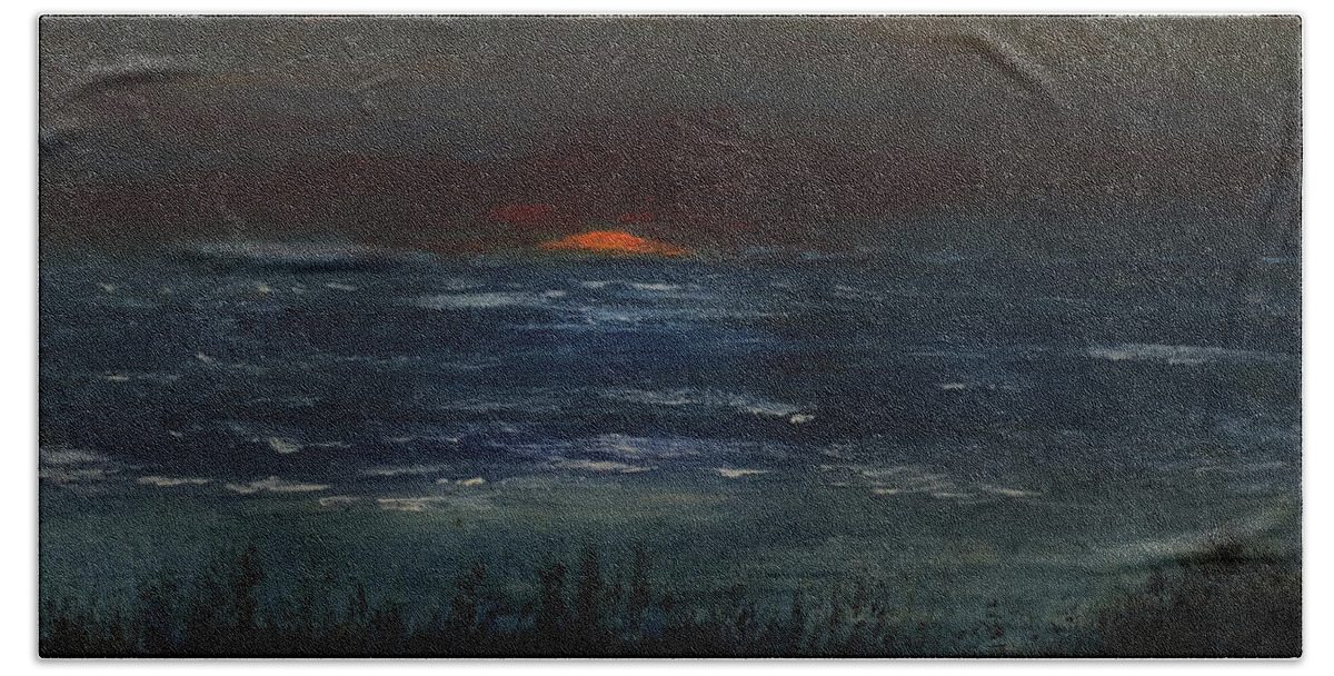 Dark Beach Towel featuring the painting Lake Michigan Sunset by Dick Bourgault