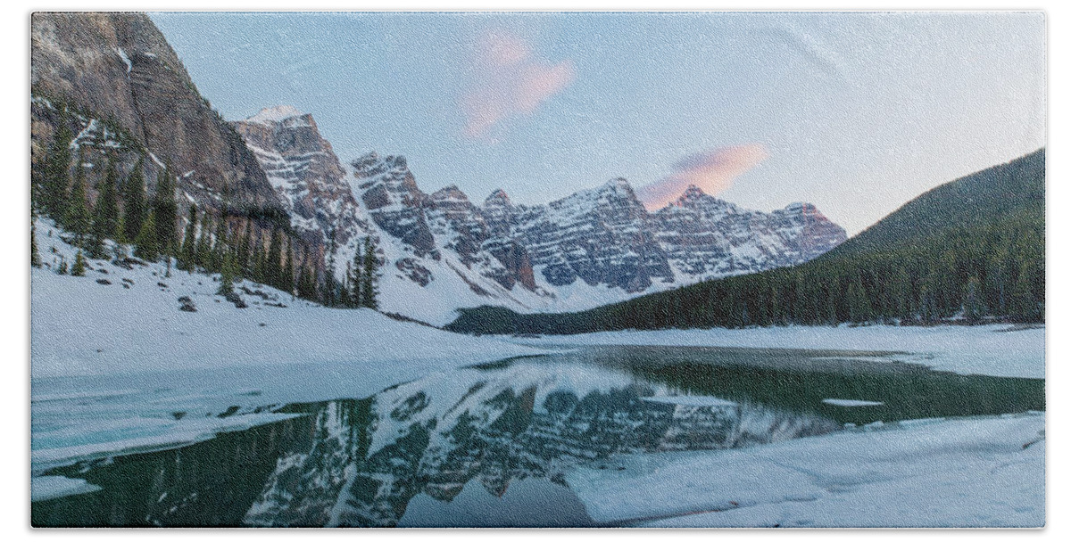 Photosbymch Beach Towel featuring the photograph Moraine Lake at Sunset by M C Hood