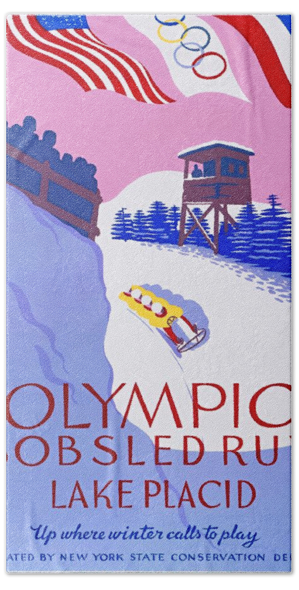 Olympic Bobsled Beach Towel featuring the painting Lake Placid Olympic bobsled run, poster 1937 by Vincent Monozlay