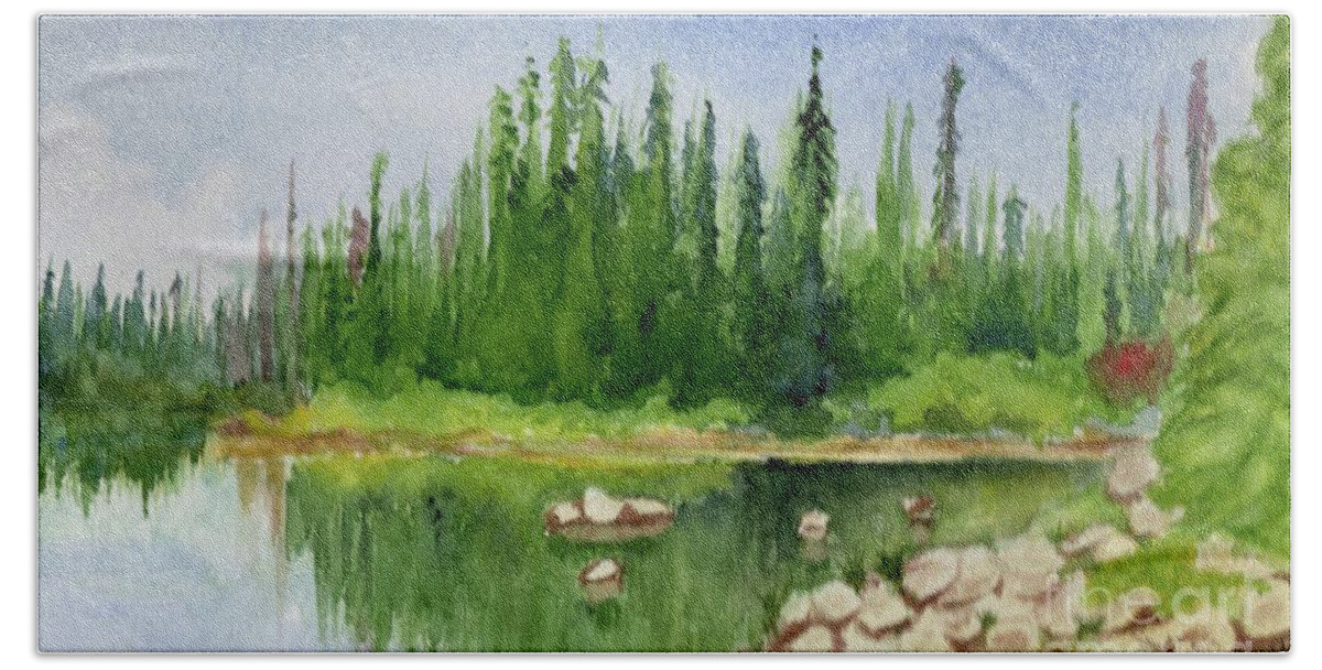 Lake Beach Towel featuring the painting Lake View 1-2 by Yoshiko Mishina