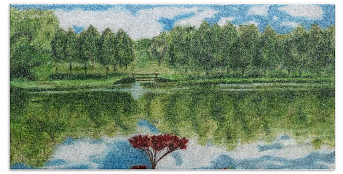 Lake Beach Towel featuring the drawing Lake with Red Flowers by Glenda Zuckerman