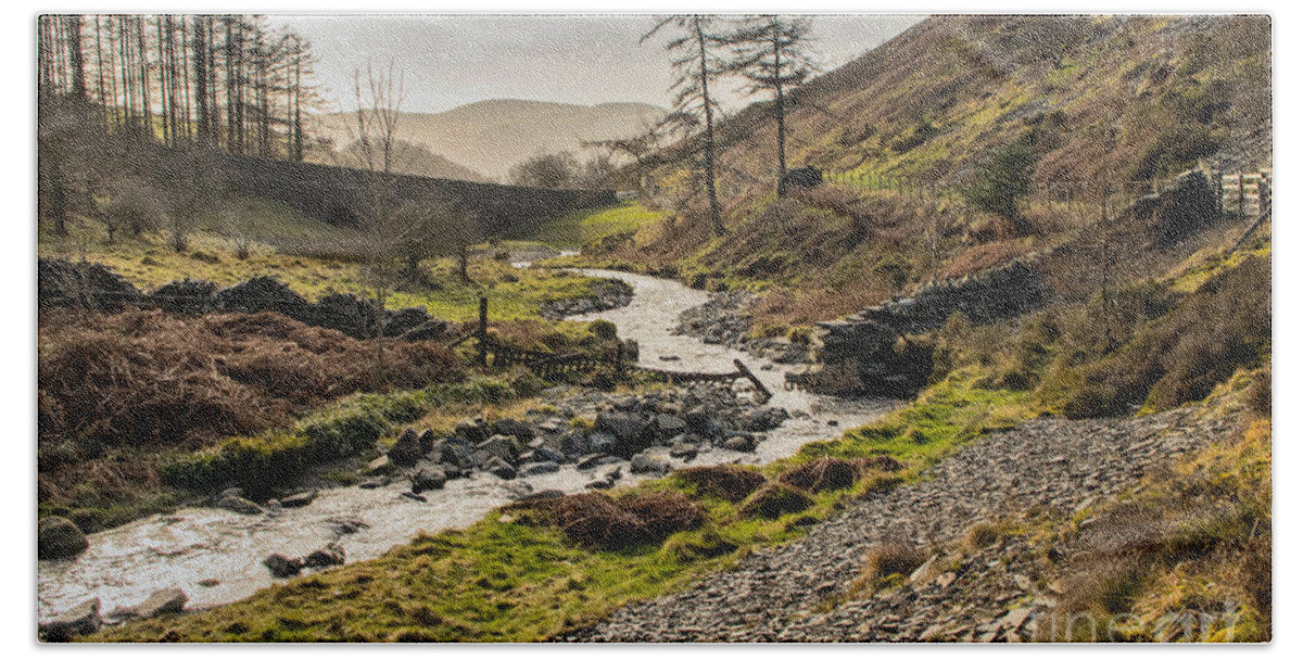 Stream - Mountains - Sky - Trees - Bridge Beach Towel featuring the photograph Lakeland Stream by Chris Horsnell