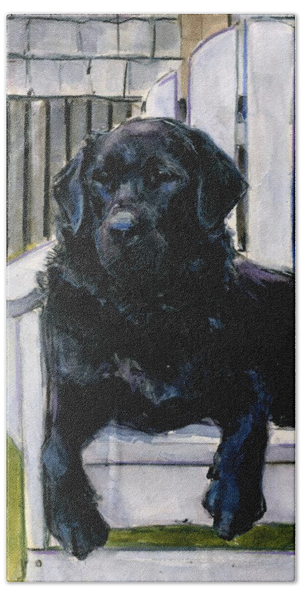 Black Labrador Beach Towel featuring the painting Lakerfront by Molly Poole