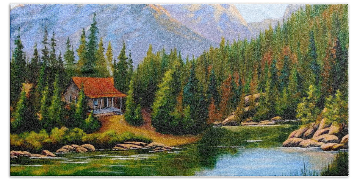 House Beach Towel featuring the painting Lakeside Cabin by Jerry Walker