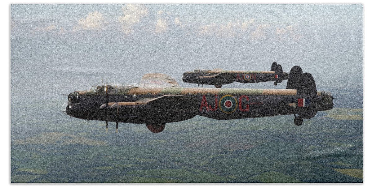 617 Squadron Beach Towel featuring the photograph Lancasters AJ-G and AJ-N carrying Upkeeps by Gary Eason