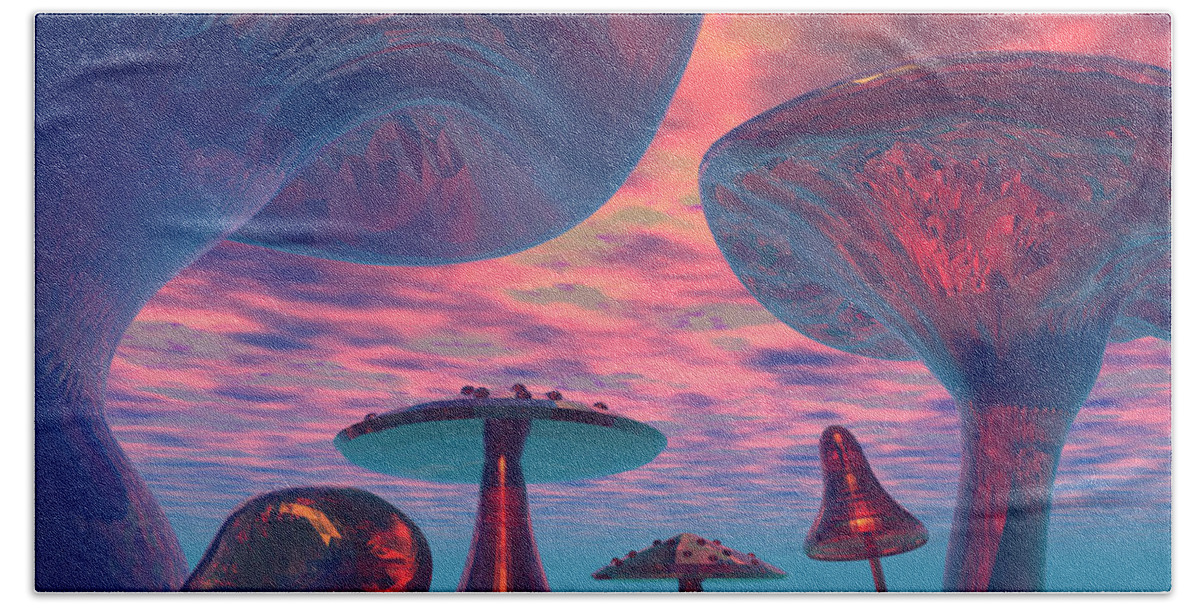 Mushroom Beach Towel featuring the painting Land of the Giant Mushrooms by Corey Ford