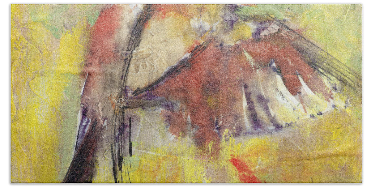 Bird Beach Towel featuring the painting Landing on the rainbow by Vali Irina Ciobanu