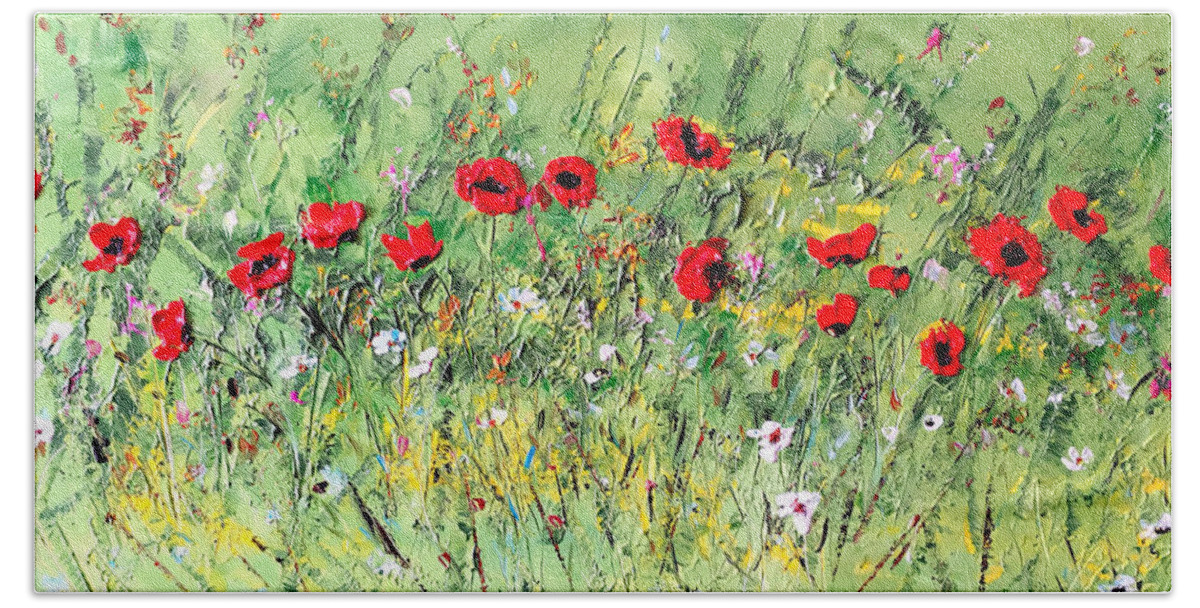 Landscape Painting Beach Towel featuring the painting Landscape with Poppies by Dorothy Maier
