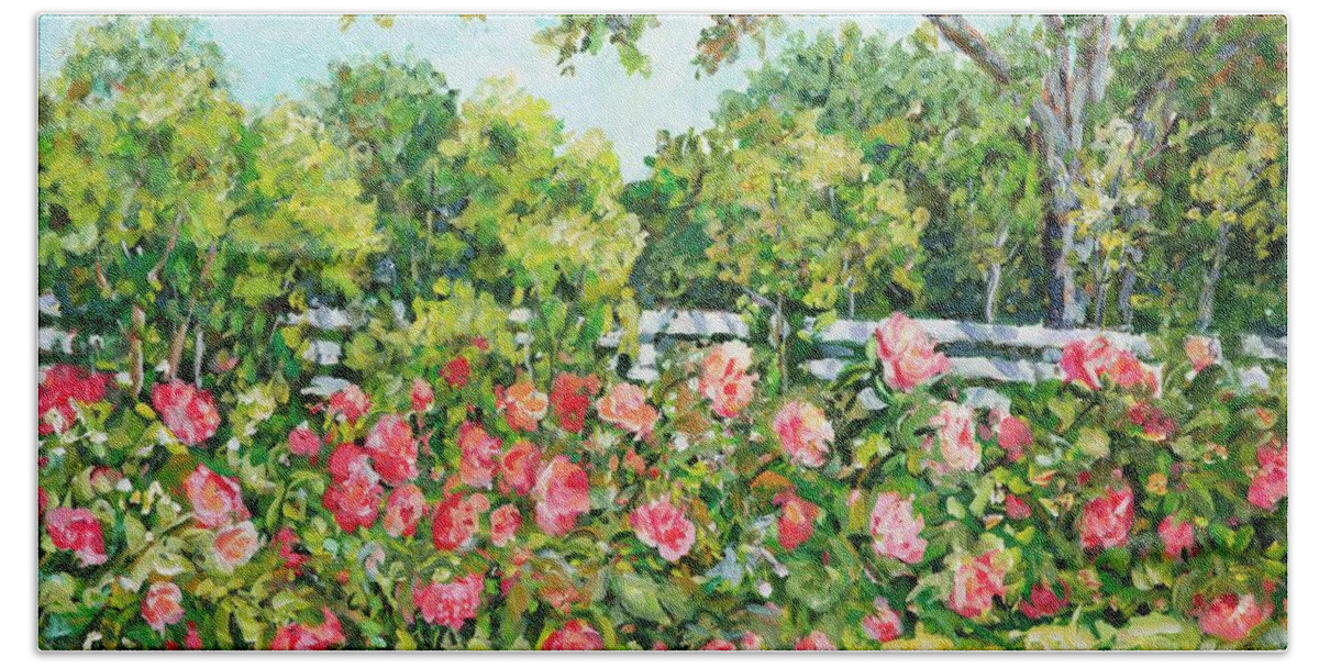 Landscape Beach Towel featuring the painting Landscape with Roses Fence by Ingrid Dohm