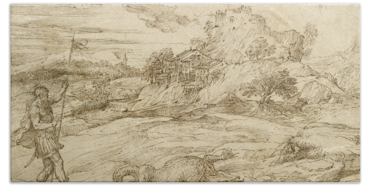 Titian Beach Sheet featuring the drawing Landscape with St. Theodore Overcoming the Dragon by Titian