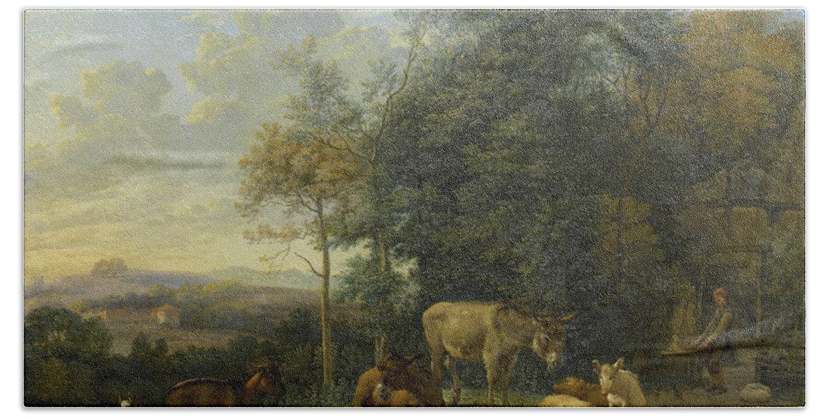 Landscape Beach Towel featuring the painting Landscape with Two Donkeys, Goats and Pigs by Vincent Monozlay
